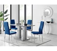 FurnitureboxUK Imperia Grey High Gloss 4 Seater Dining Table with Structural 2 Plinth Column Legs 4 Soft Velvet Silver Leg Milan Chairs in Navy FurnitureboxUK Navy