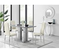 FurnitureboxUK Imperia Grey High Gloss 4 Seater Dining Table with Structural 2 Plinth Column Legs 4 Soft Velvet Silver Leg Milan Chairs in Cream FurnitureboxUK Cream