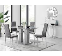 Furnitureboxuk Imperia Grey High Gloss 4 Seater Dining Table With Structural 2 Plinth Column Legs 4 Soft Velvet Silver Leg Milan Chairs Grey One Size