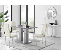 Furnitureboxuk Imperia Grey High Gloss 4 Seater Dining Table With Structural 2 Plinth Column Legs 4 Soft Velvet Silver Leg Milan Chairs In Cream Cream One Size