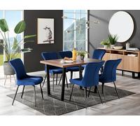 FurnitureboxUK Kylo Large Brown Wood Effect Dining Table & 6 Nora Black Leg Velvet Chairs in Blue FurnitureboxUK Blue