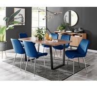 Kylo Large Brown Wood Effect Dining Table & 6 Pesaro Velvet Silver Leg Chairs FurnitureboxUK Navy One Size