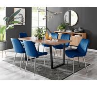 Furnitureboxuk Kylo Large Brown Wood Effect Dining Table & 6 Pesaro Velvet Silver Leg Chairs In Navy Navy