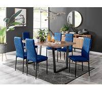Furniture Box Kylo Brown Wood Effect Dining Table and 6 Navy Velvet Milan Black Leg Chairs
