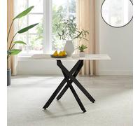Furnitureboxuk Leonardo 4-Seater Dining Table With Marble Effect Glass Top And Black Metal Legs In White White One Size