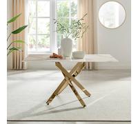 Furnitureboxuk Leonardo 6-Seater Dining Table With Marble Effect Glass Top And Gold Metal Legs In White White One Size