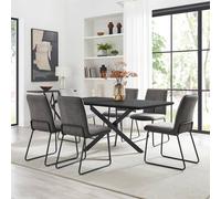 Furnitureboxuk Leonardo Black Top Dining Table & 6 Halley Fabric Chairs In Dark Grey Dark Grey One Size
