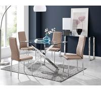 FurnitureboxUK Leonardo Glass & Chrome Metal Dining Table & 4 Milan Chairs Set in Beige FurnitureboxUK Beige