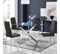 FurnitureboxUK Leonardo Glass & Chrome Metal Dining Table & 4 Milan Chairs Set in Black FurnitureboxUK Black
