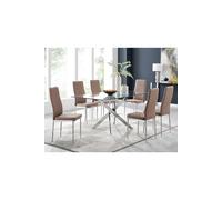 Leonardo Glass And Chrome Metal Dining Table And 6 Milan Chairs Dining Set FurnitureboxUK Beige One Size