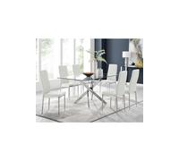 Leonardo Glass And Chrome Metal Dining Table And 6 Milan Chairs Dining Set FurnitureboxUK White One Size