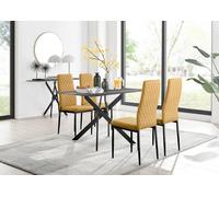 Furnitureboxuk Leonardo Grey Glass Marble Effect Black Leg Table & 4 Velvet Milan Black Leg Chairs In Mustard Mustard One Size