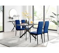 Furnitureboxuk Leonardo Grey Glass Marble Effect Black Leg Table & 4 Velvet Milan Black Leg Chairs In Navy Navy One Size