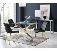 FurnitureboxUK Leonardo Grey Glass Marble Effect Gold Leg Table & 4 Pesaro Gold Leg Chairs in Black FurnitureboxUK Black