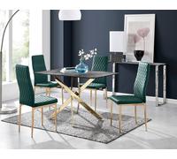 Furnitureboxuk Leonardo Grey Glass Marble Effect Gold Leg Table & 4 Velvet Milan Gold Leg Chairs In Green Green One Size
