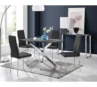 Furnitureboxuk Leonardo Grey Glass Marble Effect Silver Leg Table & 4 Milan Chrome Leg Chairs In Black Black One Size