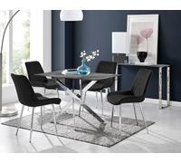 Furnitureboxuk Leonardo Grey Glass Marble Effect Silver Leg Table & 4 Pesaro Silver Chairs In Black Black One Size