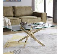 FurnitureboxUK Leonardo Rectangular Glass Coffee Table with Metal Angled Starburst Legs for Modern Living Rooms in Gold FurnitureboxUK Gold