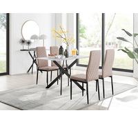 FurnitureboxUK Leonardo White Glass Marble Effect Black Leg Table & 4 Milan Black Leg Chairs in Beige FurnitureboxUK Beige