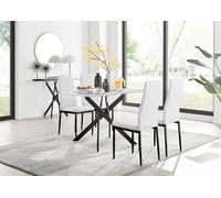 FurnitureboxUK Leonardo White Glass Marble Effect Black Leg Table & 4 Milan Black Leg Chairs FurnitureboxUK White