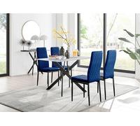 Furnitureboxuk Leonardo White Glass Marble Effect Black Leg Table & 4 Velvet Milan Black Leg Chairs In Navy Navy One Size
