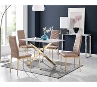 Furnitureboxuk Leonardo White Glass Marble Effect Gold Leg Table & 4 Milan Gold Leg Chairs In Beige Beige One Size