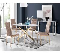 FurnitureboxUK Leonardo White Glass Marble Effect Gold Leg Table & 4 Milan Gold Leg Chairs in Beige FurnitureboxUK Beige