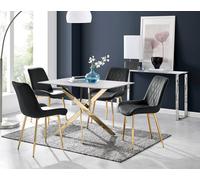 Furnitureboxuk Leonardo White Glass Marble Effect Gold Leg Table & 4 Pesaro Gold Leg Chairs In Black Black One Size