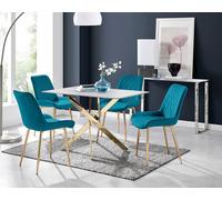 FurnitureboxUK Leonardo White Glass Marble Effect Gold Leg Table & 4 Pesaro Gold Leg Chairs in Blue FurnitureboxUK Blue