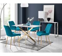 FurnitureboxUK Leonardo White Glass Marble Effect Gold Leg Table & 4 Pesaro Gold Leg Chairs in Blue FurnitureboxUK Blue
