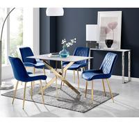 Furnitureboxuk Leonardo White Glass Marble Effect Gold Leg Table & 4 Pesaro Gold Leg Chairs In Navy Navy One Size