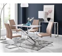 FurnitureboxUK Leonardo White Glass Marble Effect Silver Leg Table & 4 Lorenzo Chairs in Beige FurnitureboxUK Beige