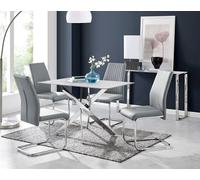 Furnitureboxuk Leonardo White Glass Marble Effect Silver Leg Table & 4 Lorenzo Chairs In Grey Grey One Size