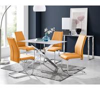 FurnitureboxUK Leonardo White Glass Marble Effect Silver Leg Table & 4 Lorenzo Chairs in Mustard FurnitureboxUK Mustard