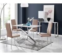 Furnitureboxuk Leonardo White Glass Marble Effect Silver Leg Table & 4 Milan Chrome Leg Chairs In Beige Beige One Size