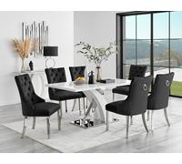 Furnitureboxuk Leonardo White Glass Marble Effect Silver Leg Table & 4 Milan Chrome Leg Chairs In Black Black One Size
