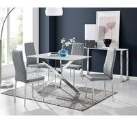 Furnitureboxuk Leonardo White Glass Marble Effect Silver Leg Table & 4 Milan Chrome Leg Chairs In Grey Grey One Size
