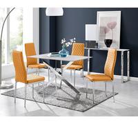 FurnitureboxUK Leonardo White Glass Marble Effect Silver Leg Table & 4 Milan Chrome Leg Chairs in Mustard FurnitureboxUK Mustard