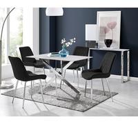 Furnitureboxuk Leonardo White Glass Marble Effect Silver Leg Table & 4 Pesaro Silver Chairs In Black Black One Size