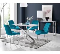 Furnitureboxuk Leonardo White Glass Marble Effect Silver Leg Table & 4 Pesaro Silver Chairs In Blue Blue One Size