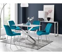 FurnitureboxUK Leonardo White Glass Marble Effect Silver Leg Table & 4 Pesaro Silver Chairs in Blue FurnitureboxUK Blue