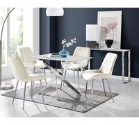 FurnitureboxUK Leonardo White Glass Marble Effect Silver Leg Table & 4 Pesaro Silver Chairs in Cream FurnitureboxUK Cream