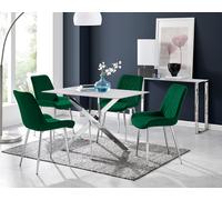 FurnitureboxUK Leonardo White Glass Marble Effect Silver Leg Table & 4 Pesaro Silver Chairs in Green FurnitureboxUK Green