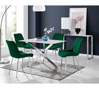 Furnitureboxuk Leonardo White Glass Marble Effect Silver Leg Table & 4 Pesaro Silver Chairs In Green Green One Size