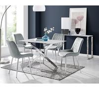 FurnitureboxUK Leonardo White Glass Marble Effect Silver Leg Table & 4 Pesaro Silver Chairs in Grey FurnitureboxUK Grey