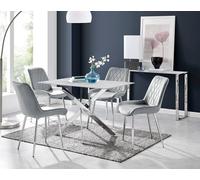 Furnitureboxuk Leonardo White Glass Marble Effect Silver Leg Table & 4 Pesaro Silver Chairs In Grey Grey One Size