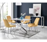 Furnitureboxuk Leonardo White Glass Marble Effect Silver Leg Table & 4 Pesaro Silver Chairs In Mustard Mustard One Size