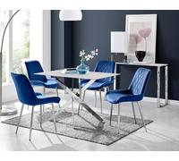 FurnitureboxUK Leonardo White Glass Marble Effect Silver Leg Table & 4 Pesaro Silver Chairs in Navy FurnitureboxUK Navy