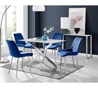 Furnitureboxuk Leonardo White Glass Marble Effect Silver Leg Table & 4 Pesaro Silver Chairs In Navy Navy One Size