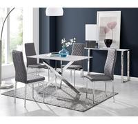 FurnitureboxUK Leonardo White Glass Marble Effect Silver Leg Table & 4 Velvet Milan Silver Leg Chairs in Grey FurnitureboxUK Grey